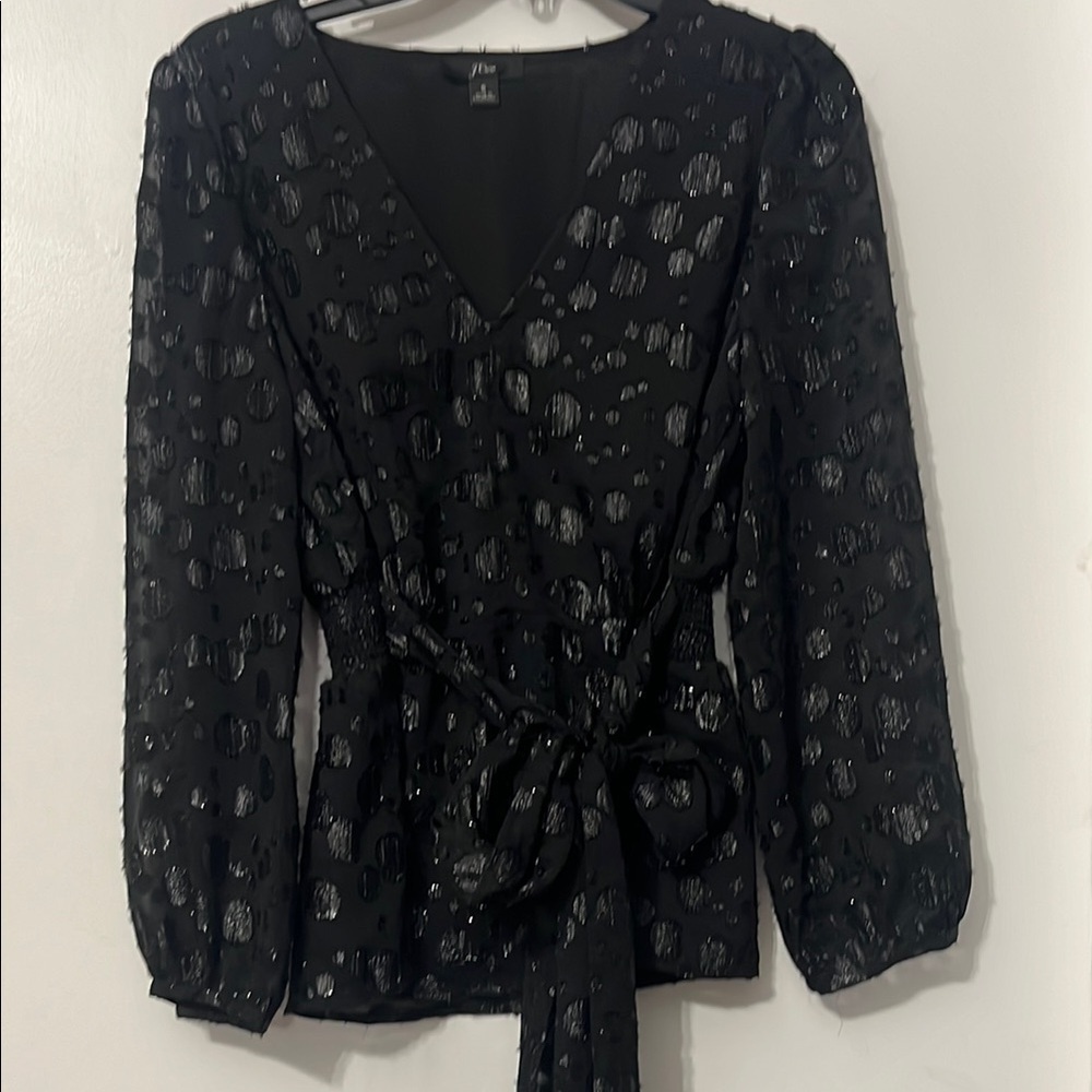 J. Crew Black and Silver Metallic Wrap Bishop Long Sleeve Top Small